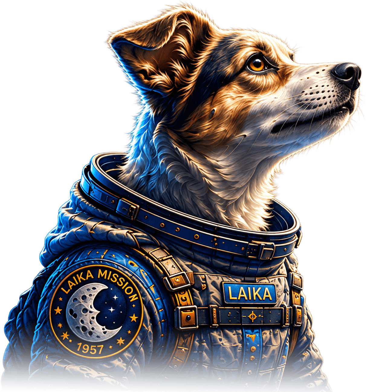 Laika wearing her approved Genesis 1957 astronaut suit