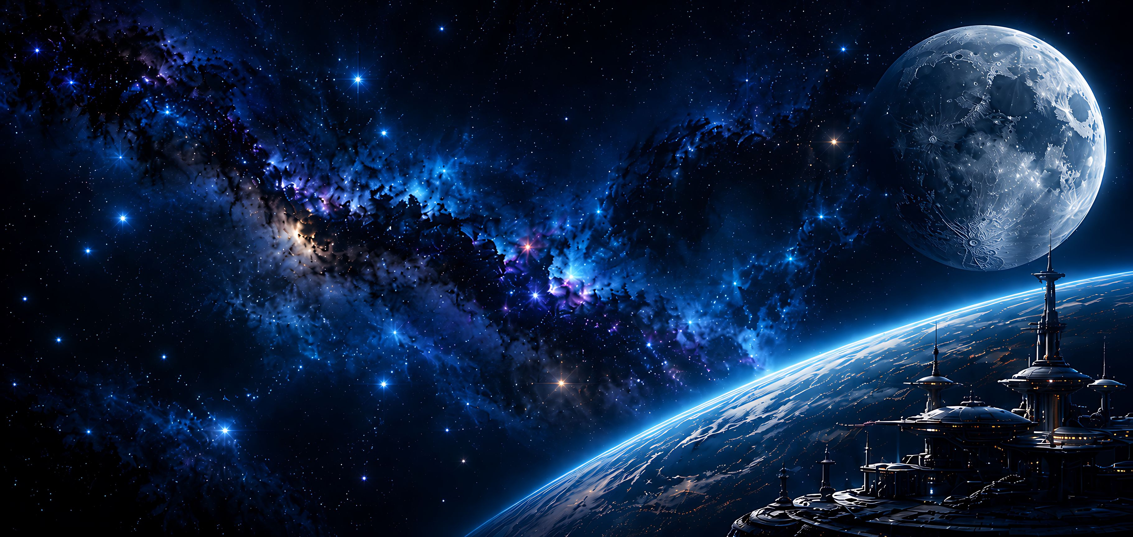 Moon and futuristic lunar base beneath a star-filled sky
